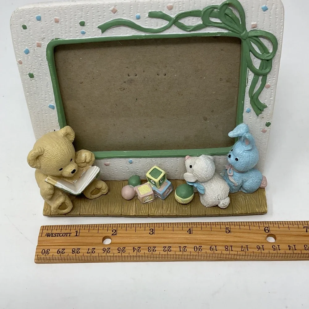 Vintage Nursery Picture Frame Teddy Bear Bunny Lamb 3D Resin 3.5x5 Pastel White